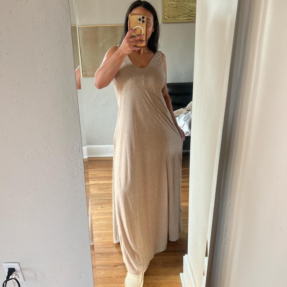 Halara maxi dress in tan color with side slit that overlaps
